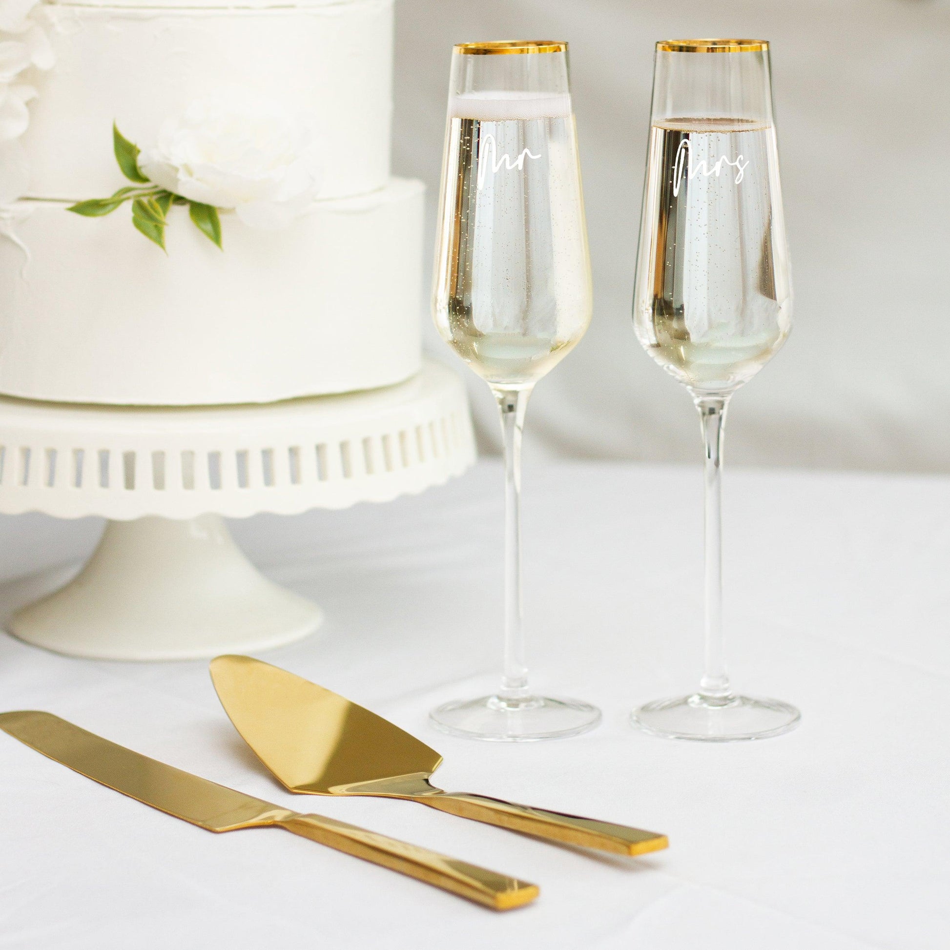 Wedding Cake Knife and Server Set with Champagne Flutes - JAHomesUS