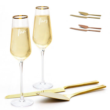 Wedding Cake Knife and Server Set with Champagne Flutes